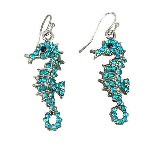 Vintage Seahorse Earrings With Aqua Rhinestones - Picture 7 of 8